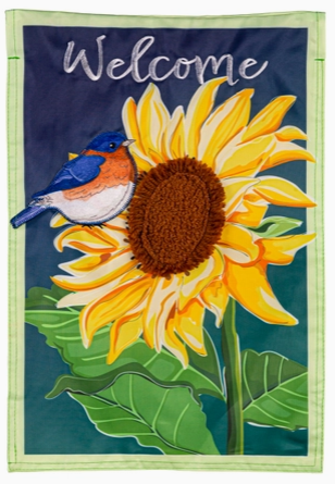 Bluebird and Sunflower Flag - Appl'd burlap - 12.5 x 18 in - double-sided