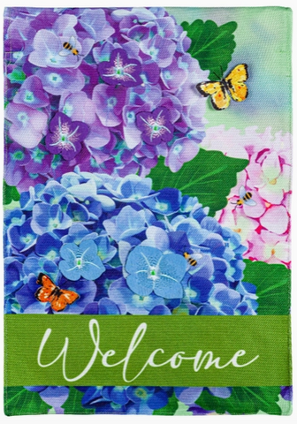 Hydrangea Butterfly Welcome Flag - Appl'd burlap - 12.5 x 18 in - double-sided