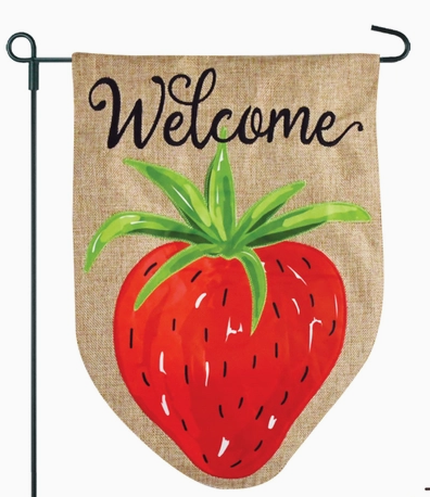 Strawberry Sewn Burlap Flag - 12.5 x 18 in - double-sided