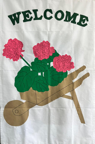 Geranium Welcome Wheelbarrow Flag on White- 3 x 4.5 ft (Pink Flowers)