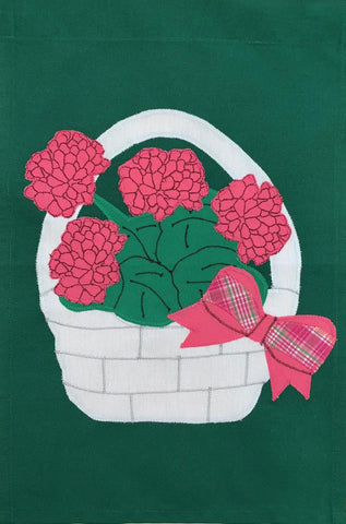 Pink Geranium Basket Flag on Hunter Green - 12 x 18 in