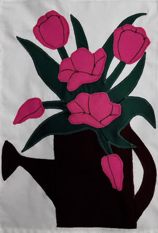 Watering Can Tulips Flag on Off White - 12 x 18 in