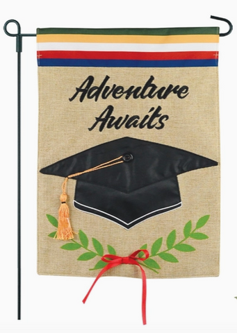 Adventure Awaits Sewn Burlap Flag - 12.5 x 18 in - double-sided