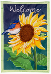 Bluebird and Sunflower Welcome Flag - Appl'd burlap - 12.5 x 18 in - double-sided