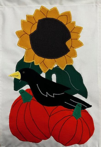 Crow & Pumpkins w/ Sunflower Flag on Off White - 12 x 18 in