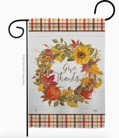 Give Thanks Wreath Flag - double-sided - 13 x 18.5 in