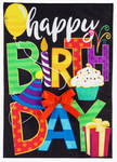 Happy Birthday Flag - Appl'd Linen -  12.5 x 18 in - double-sided