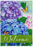 Hydrangea Butterfly Welcome Flag - Appl'd burlap - 12.5 x 18 in - double-sided