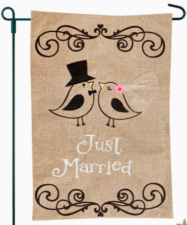 Just Married Sewn Burlap Flag - double-sided - 12.5 x 18 in