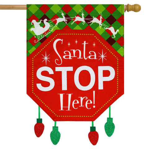 Stop Here Santa Flag - burlap - 28 x 40 in