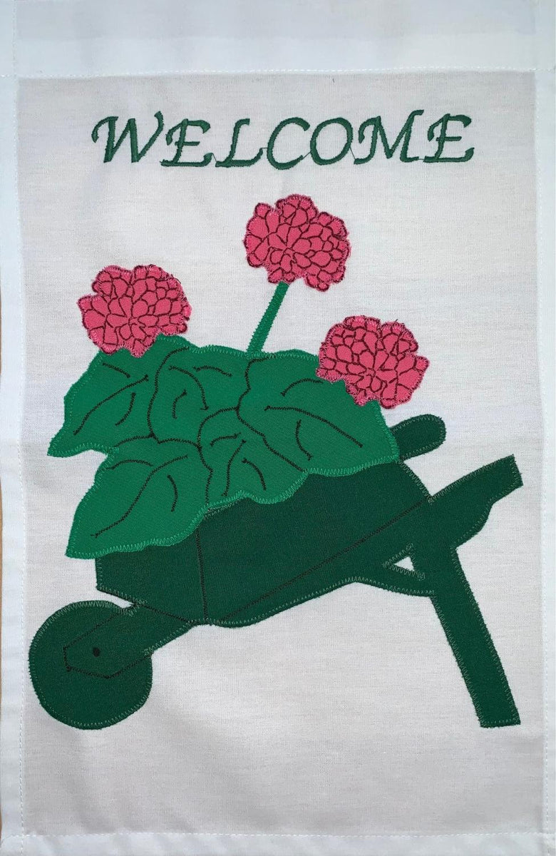 Geranium Welcome Wheelbarrow Flag on Off White w/Pink Flowers - 12x18 ...
