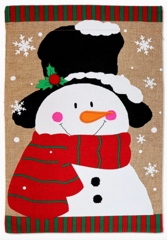 Red Scarf Snowman Garden Flag -  13 x 18.5 in Burlap - double-sided