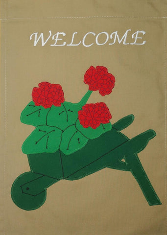 Welcome Wheelbarrow Flag on Khaki - 12 x 18 in