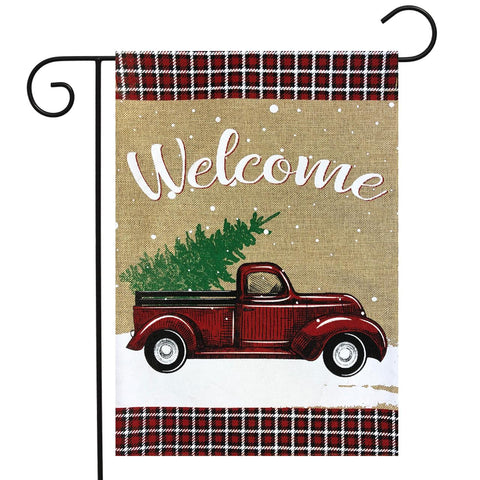 Winter Truck Burlap Appliqued Garden Flag -  12.5 x 18 in - double-sided