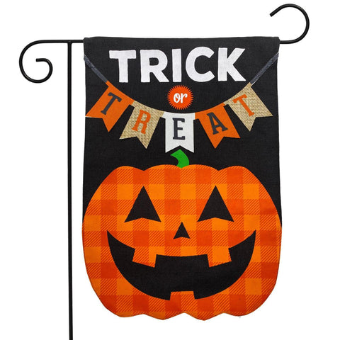 Trick or Treat Pumpkin Burlap Appl'd Garden Flag - 12.5 x 18 in - double-sided