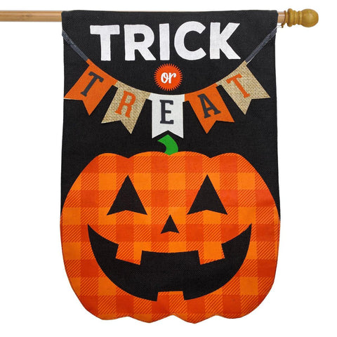 Trick or Treat Pumpkin Burlap Flag - 28 x 40 in - appliqued - double-sided