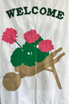 Geranium Welcome Wheelbarrow Flag on White- 3 x 4.5 ft (Pink Flowers)