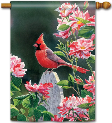 Cardinal with Variegated Roses BreezeArt® Flag - 28 x 40 in
