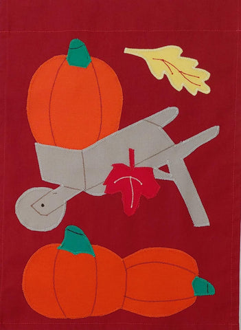 Fall Wheelbarrow & Pumpkins Flag on Rust - 12 x 18 in