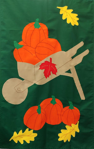 Fall Wheelbarrow & Pumpkins Flag on Hunter - 3 x 4.5 ft