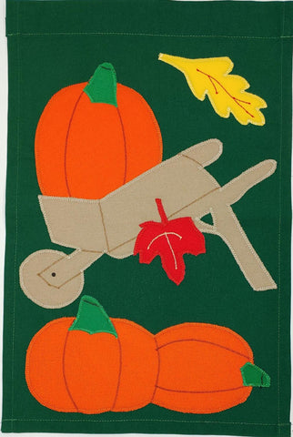 Fall Wheelbarrow & Pumpkins Flag on Hunter - 12 x 18 in