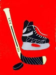 Hockey Skates and Stick on Red - 12 x 18 in