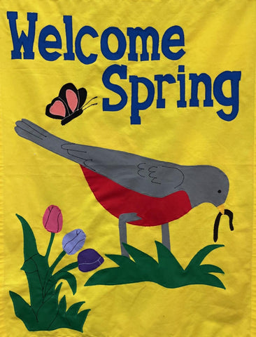 Welcome Spring Flag on Yellow (Robin) - 28 x 40 in