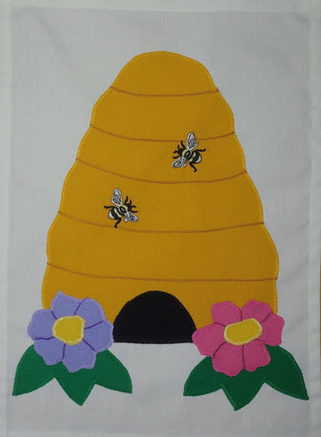 Beehive with Flowers Flag on Off White - 12 x 18 in