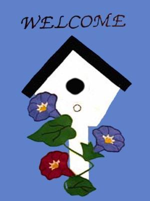 Welcome Birdhouse Flowers Flag on Colonial Blue - 12 x 18 in