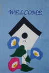 Welcome Birdhouse Flowers Flag on Light Blue - 12 x 18 in