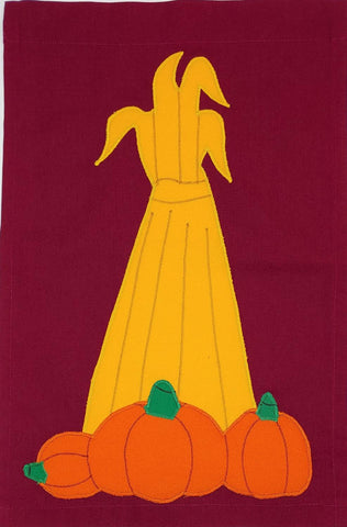 Cornstalk & Pumpkins Flag on Burgundy - 12 x 18 in