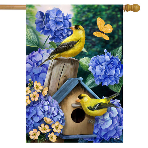 Goldfinches and Hydrangea Flag - 28 x 40 in