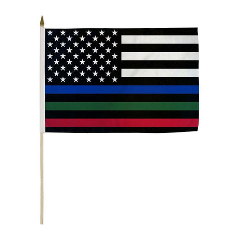 Thin Blue,Green,Red Line U.S. Stick Flag - 12 x 18 in